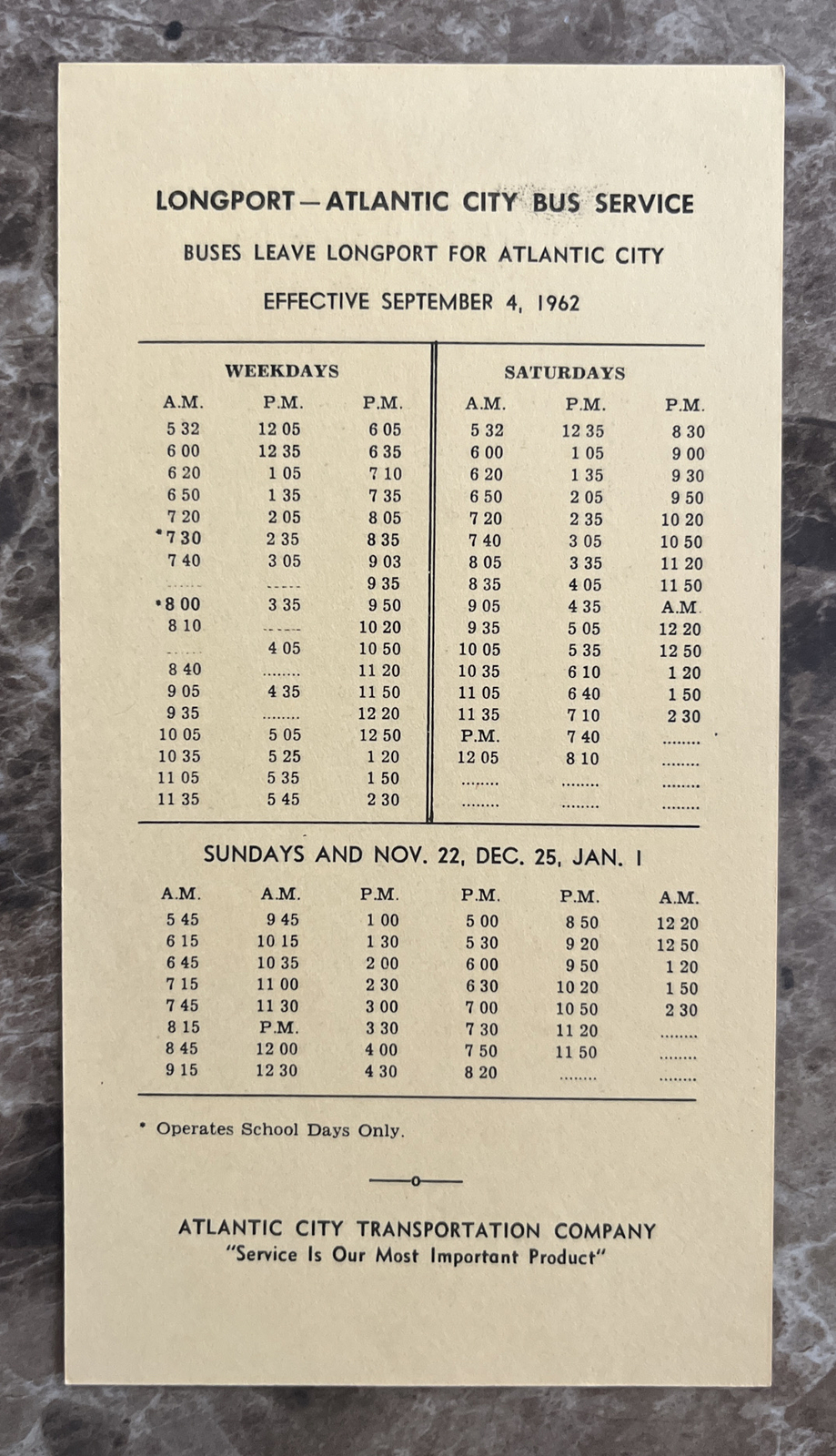 Sept 4, 1962 Atlantic City Transportation Company Longport Bus Schedule