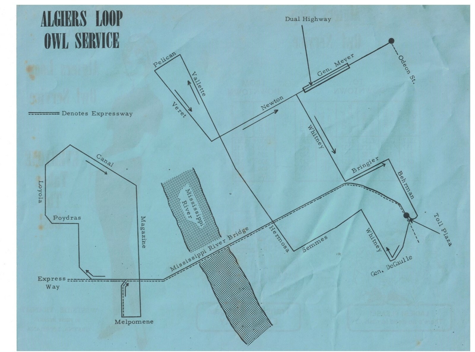 1960s-70s Gretna Louisiana Bus Schedule & Map Algiers Loop Owl Service