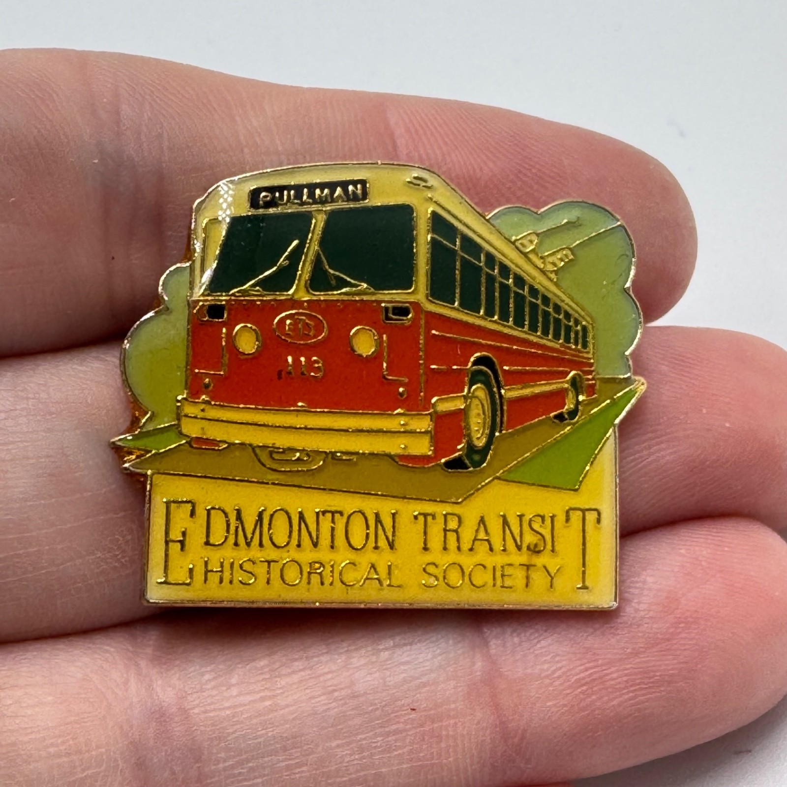Vintage Edmonton Transit Historical Society Pullman Bus Lapel Pin Red Green