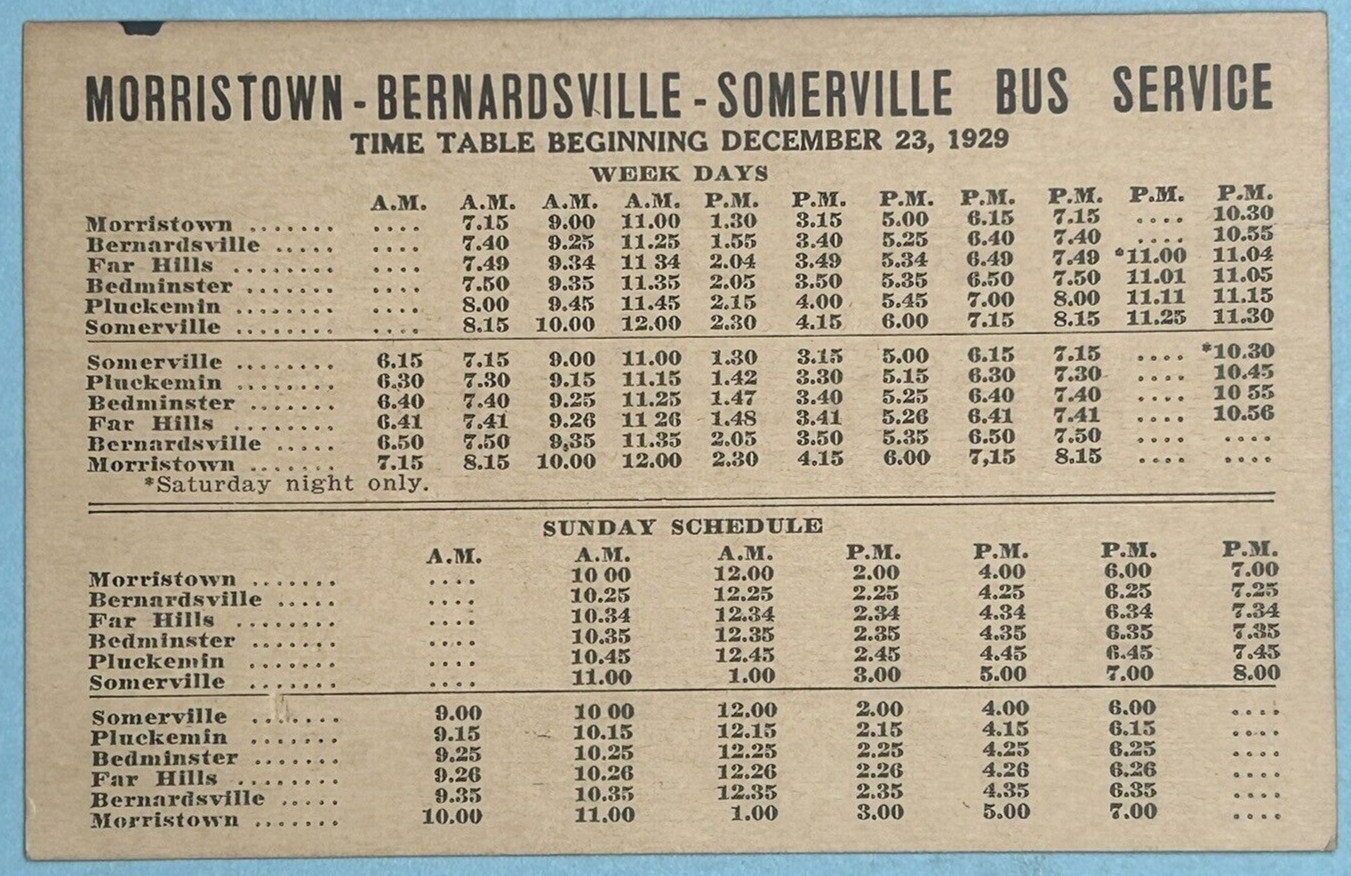 1929 Time Table New Jersey Morristown Benardsville Somerville Bus Service