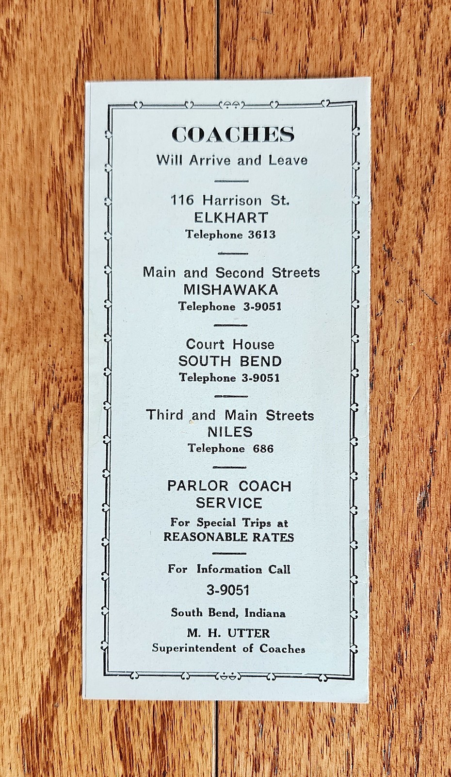 1940 NORTHERN INDIANA RAILWAY INC BUS TIME TABLE SOUTH BEND INDIANA