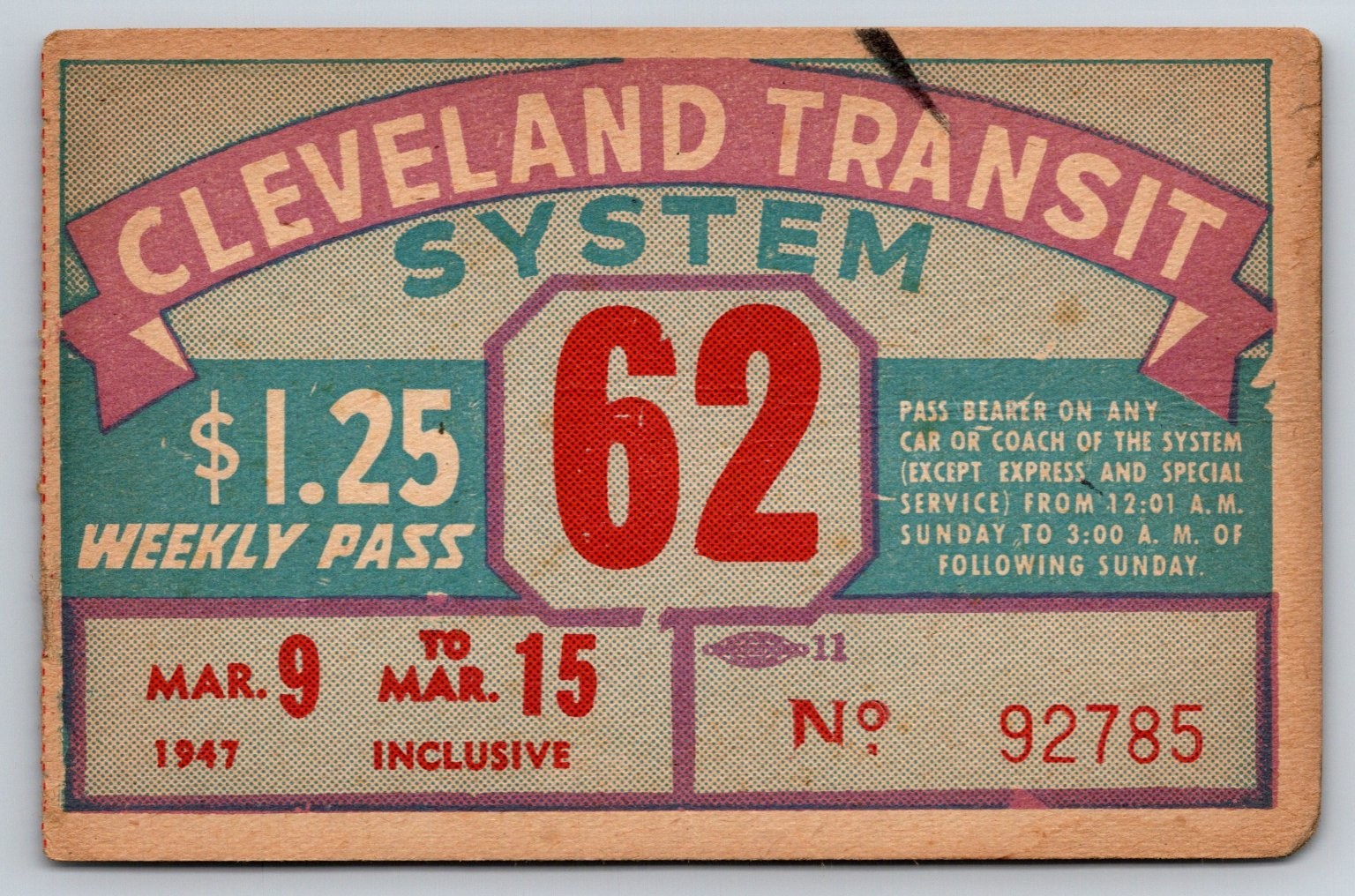 Cleveland Transit System Vintage 1947 Weekly Pass Ticket (#29)
