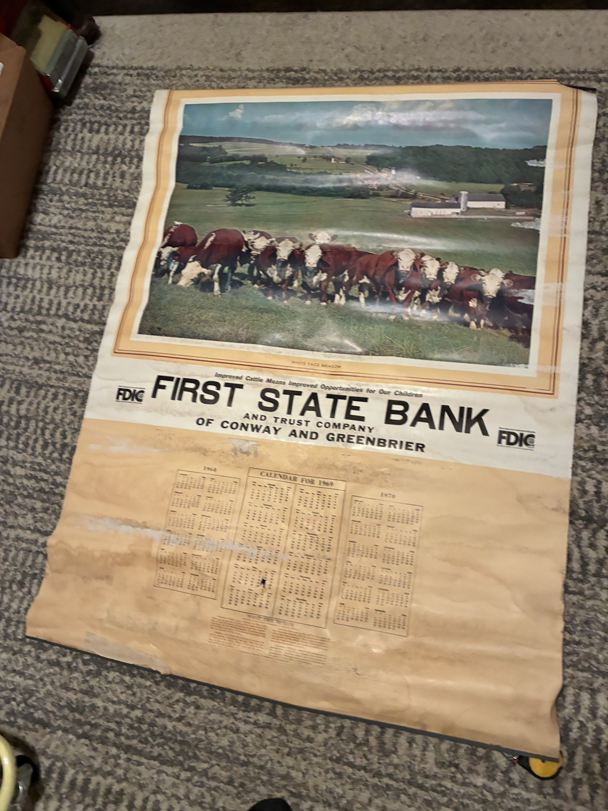1968-70 Calendar From Conway, Greenbrier Arkansas White Face Cattle HUGE
