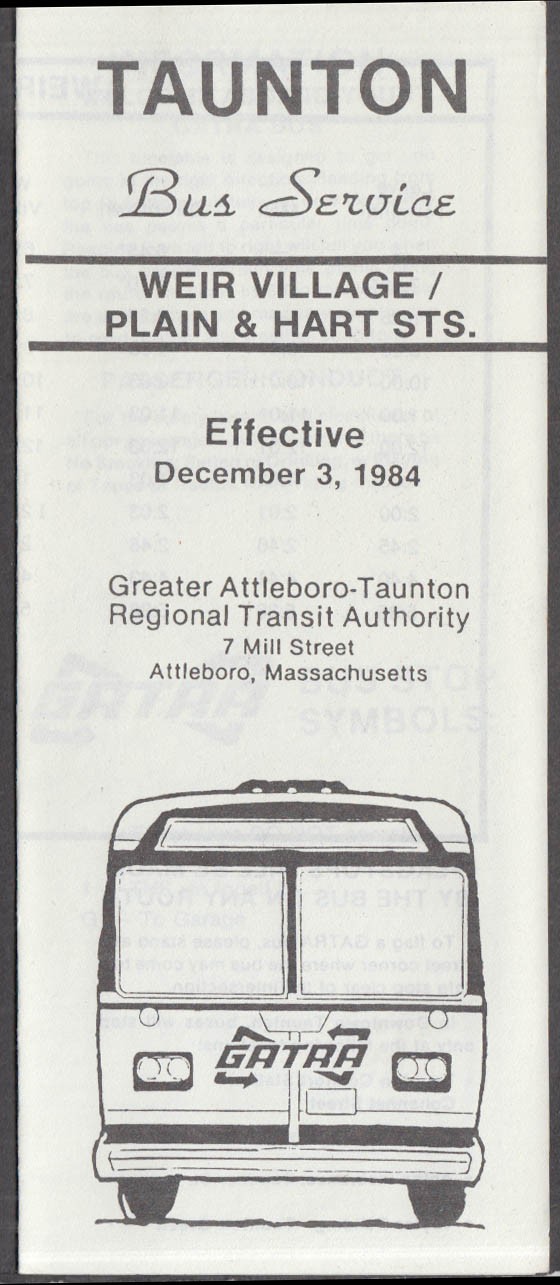 GATRA Taunton MA bus schedule 12/3 1984 Weir Village / Plain & Hart Sts