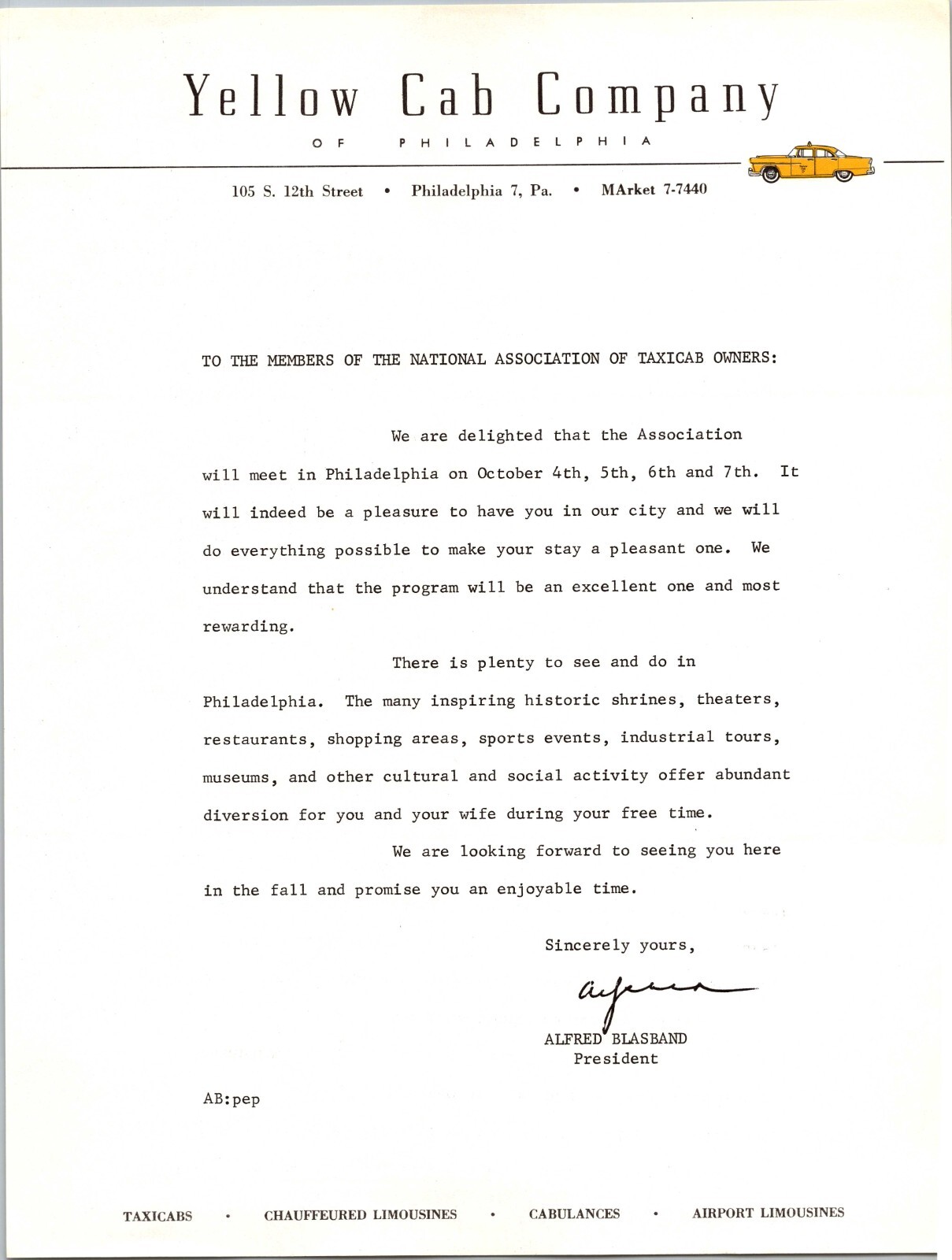 Philadelphia PA Yellow Cab Company Letterhead Vintage 1950’s