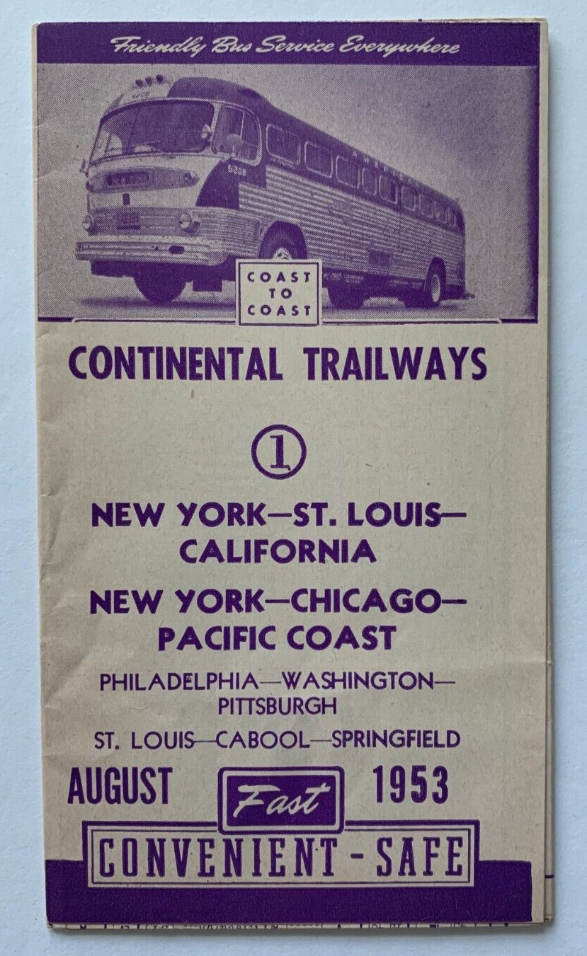 Aug 1953 Continental Trailways Bus Timetable Brochure NY LA California schedule