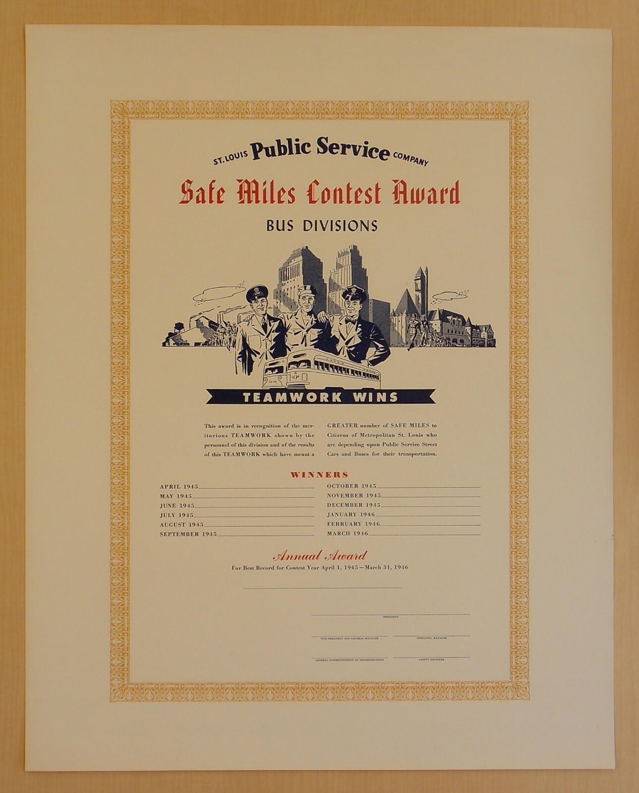 St. Louis Public Service Company Bus Safe Miles Contest Award, 1945