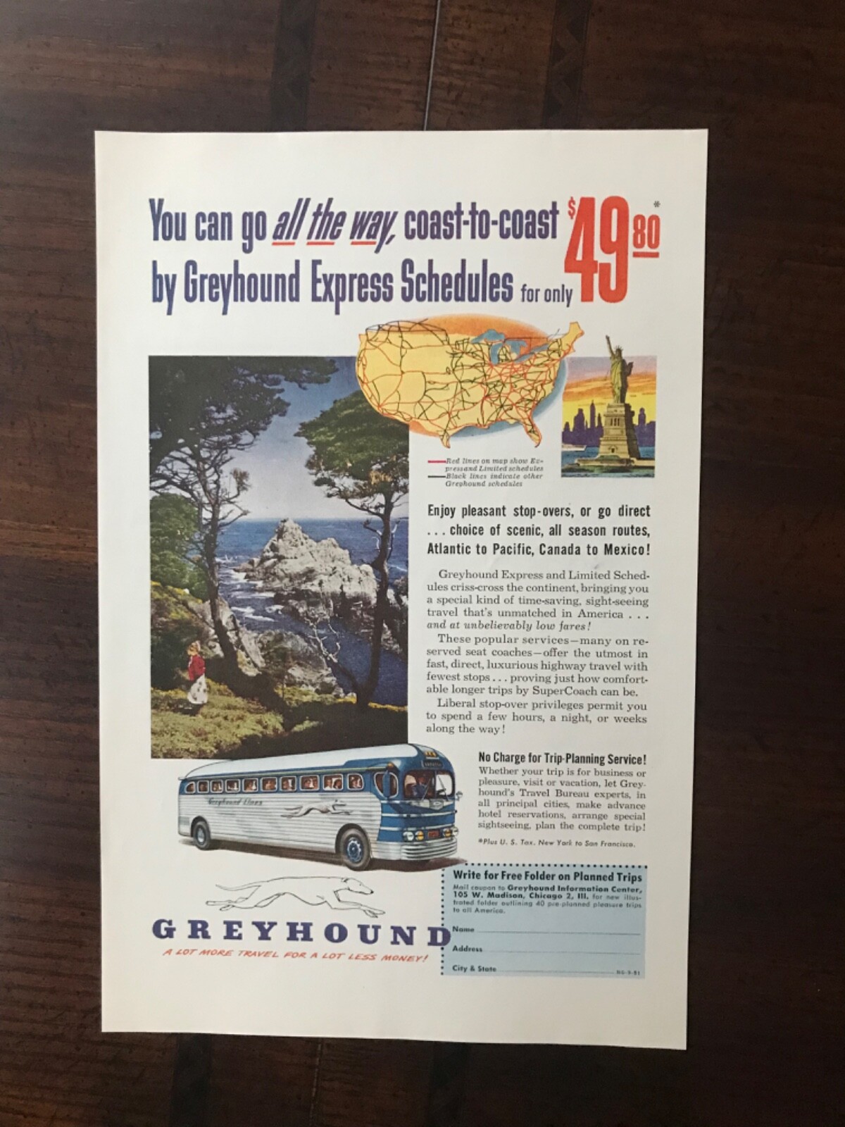 1951 vintage original print ad Greyhound Bus-lines Coast-To-Coast