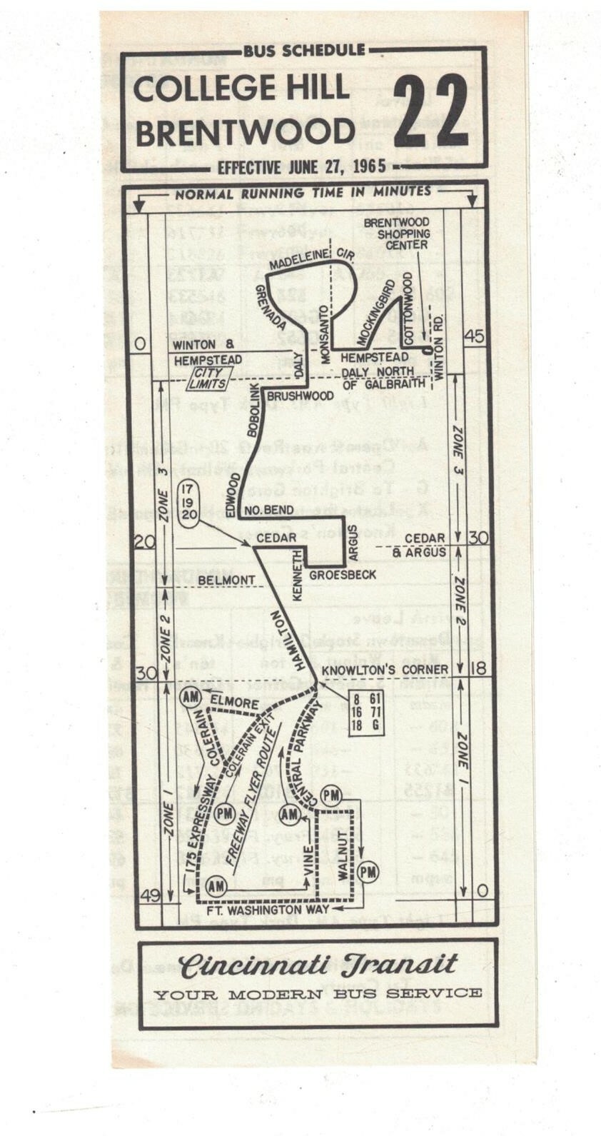 1965 Cincinnati OH Bus Schedule & Rout Map Route “22”