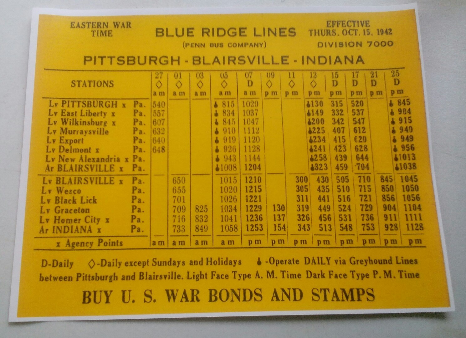 1942 Blue Ridge Bus Schedule Pittsburgh Blairsville Indiana Delmont Export + NEW