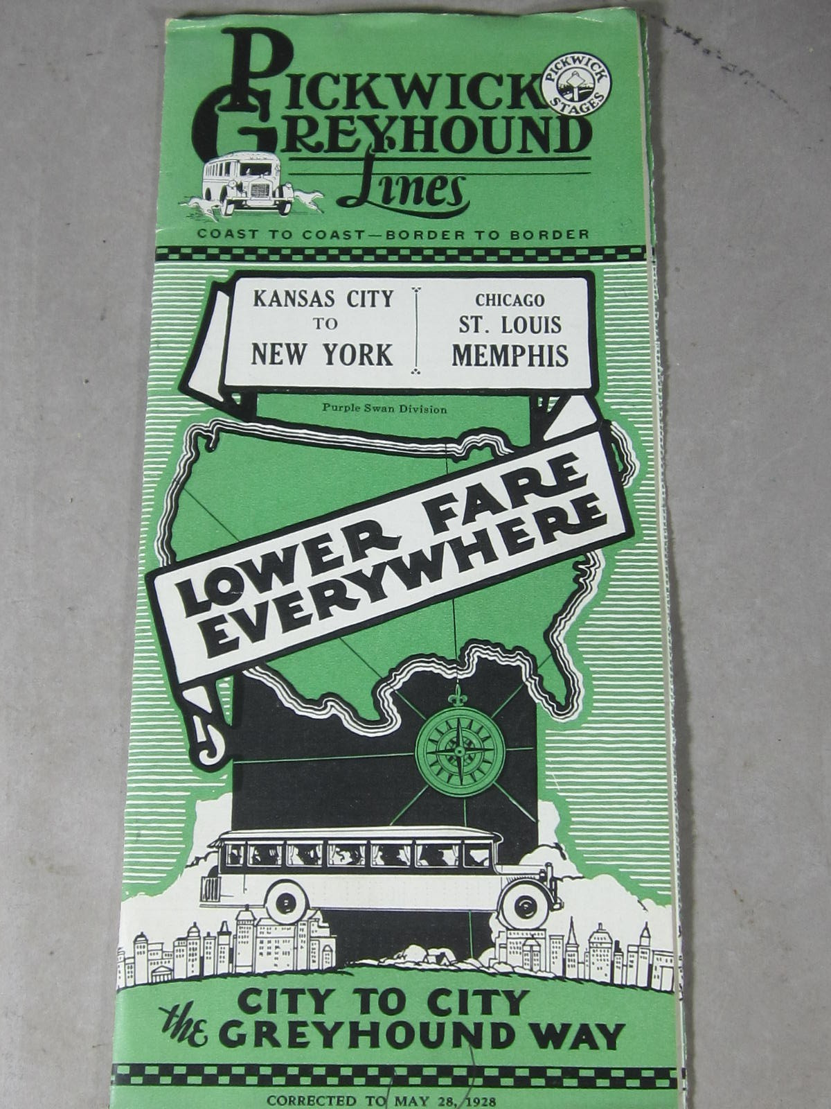 1928 Pickwick Greyhound Bus Lines Time Table / KC to New York
