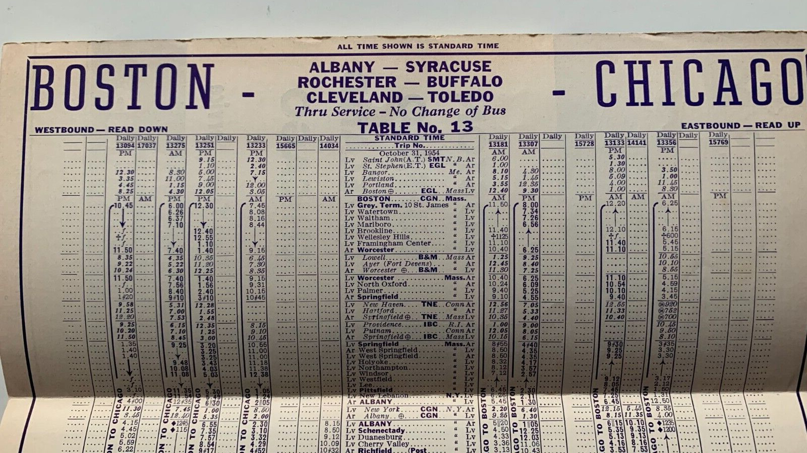 Vintage 1954 Central Greyhound Bus Timetable Brochure Boston Buffalo Chicago
