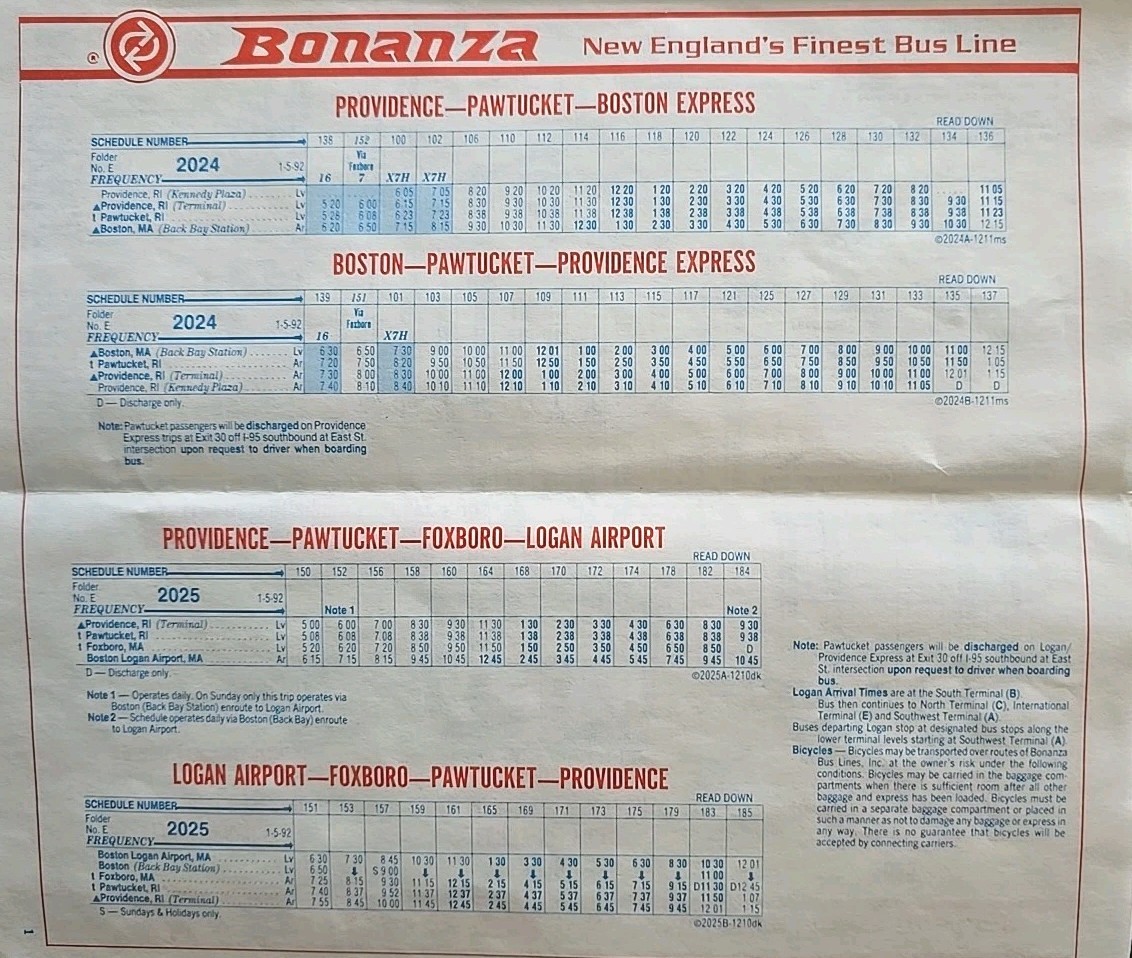 Bonanza Bus Lines January 5th 1992 Bus Schedule Vintage New England’s Finest Bus
