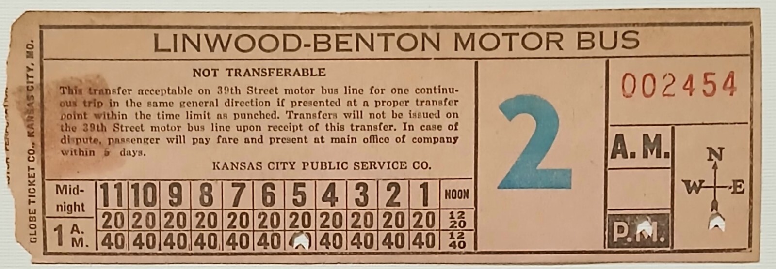 1930s Kansas City Public Service Co. Bus Ticket Linwood Benton Run 2