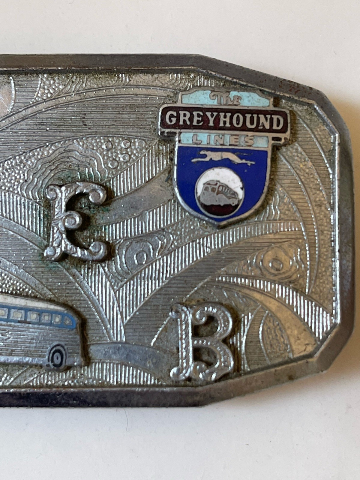 Vintage 1960s Greyhound Bus Lines Belt Buckle With Emblems Initials JEB Enamel