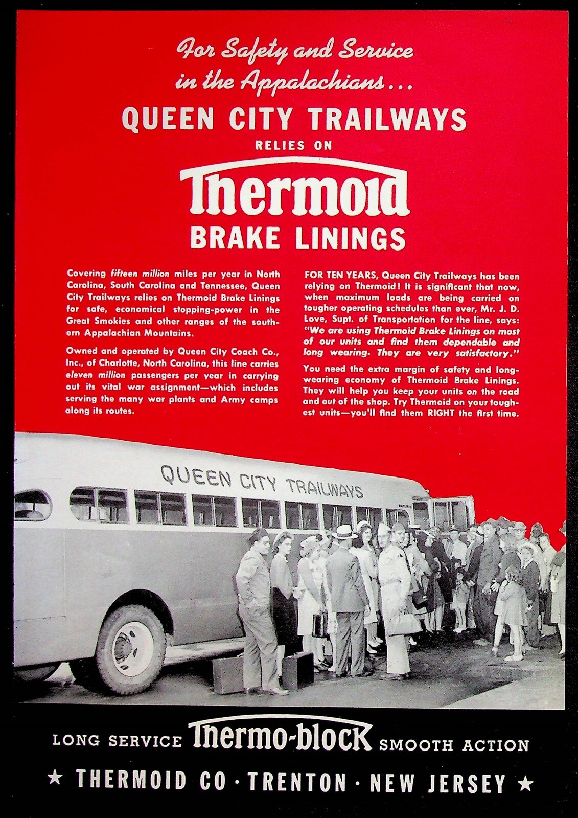 1943 Thermoid Brake Linings Queen City Trailways New Jersey WWII Bus Ad