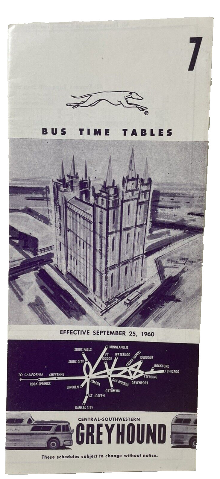Greyhound Bus Time Table 1960 Vintage No 7 Chicago and West Mormon Temple