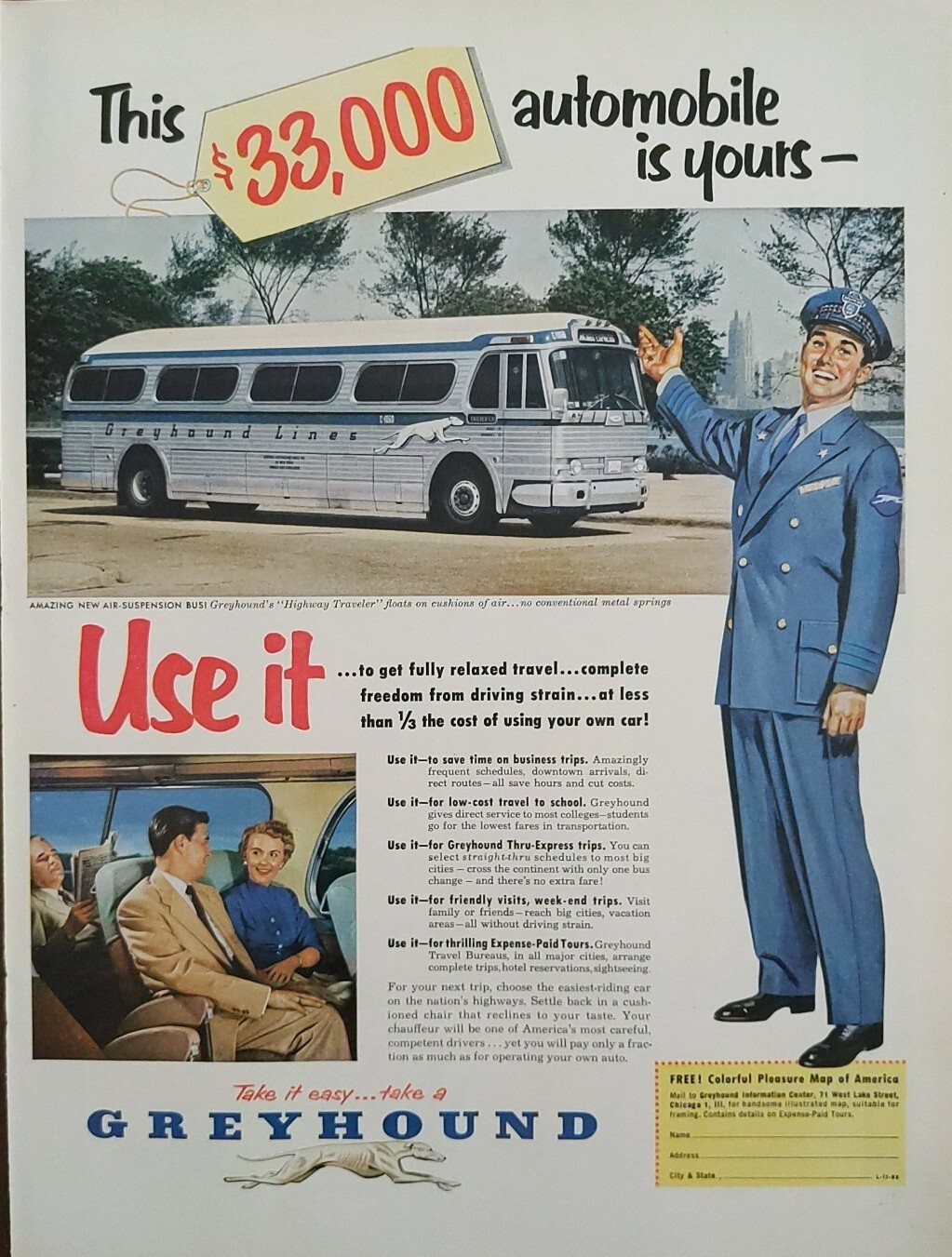 1953 vintage Greyhound original print ad. Luxury Business Post WWll