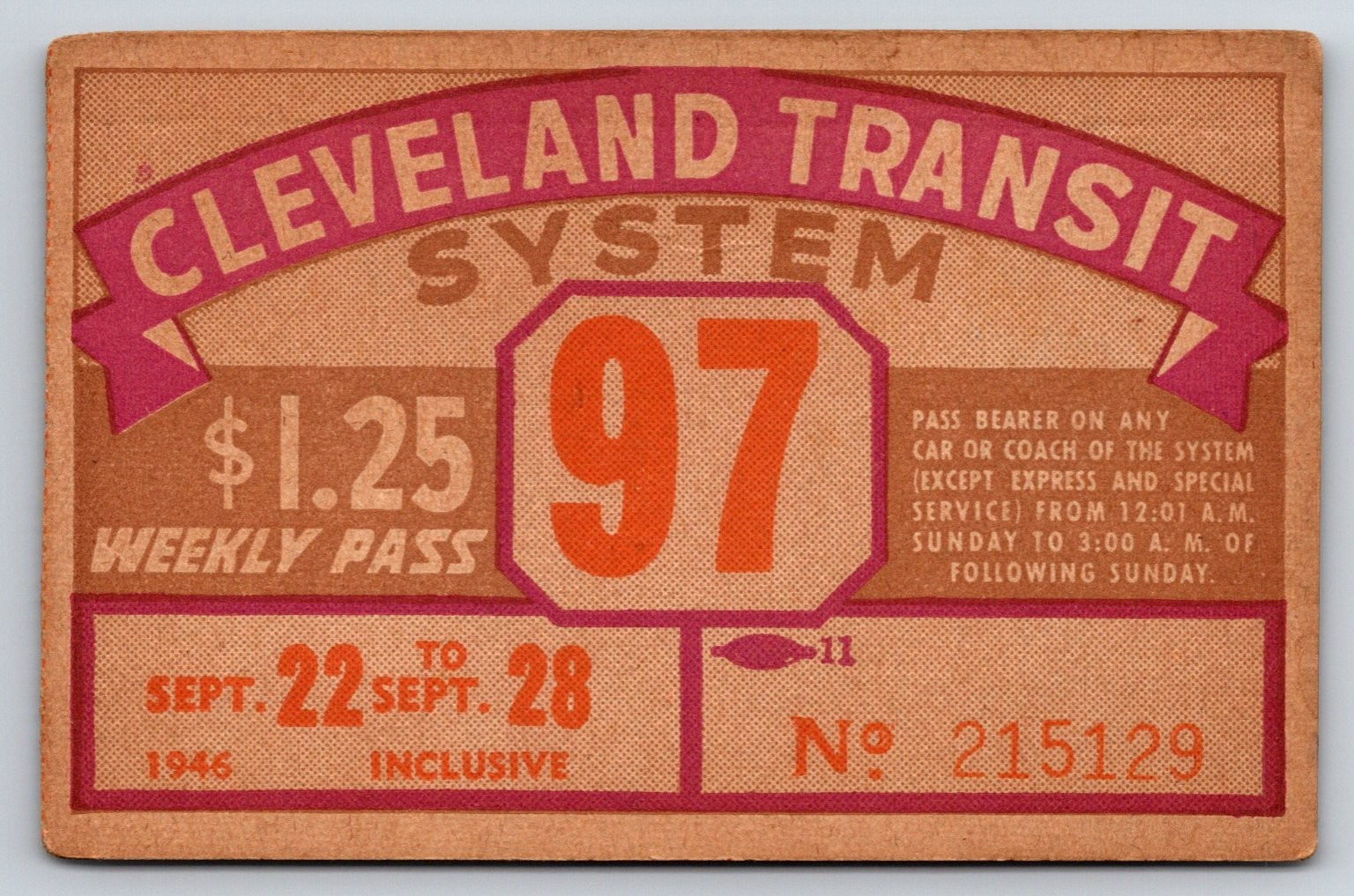 Cleveland Transit System 1946 Weekly Pass Vintage Ticket (#31)
