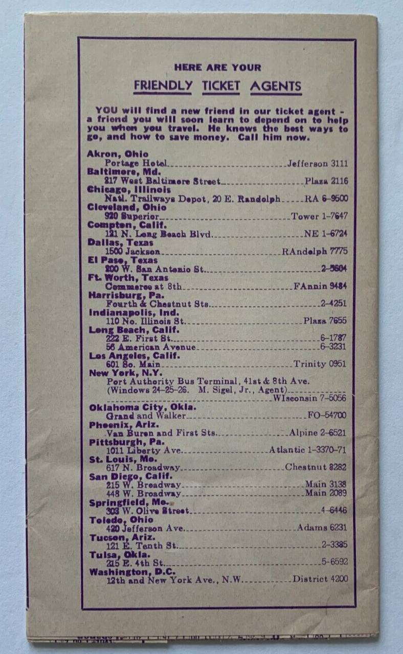 Aug 1953 Continental Trailways Bus Timetable Brochure NY LA California schedule