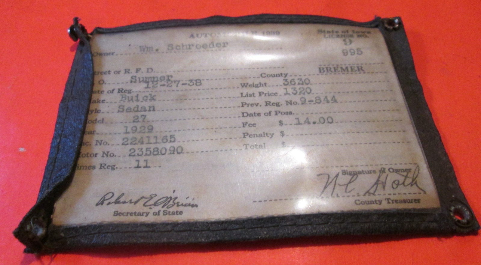 VTG 1939 STATE OF IOWA LICENSE NO 9 995 DRIVER AUTOMOBILE DRIVERS LICENSE CARD