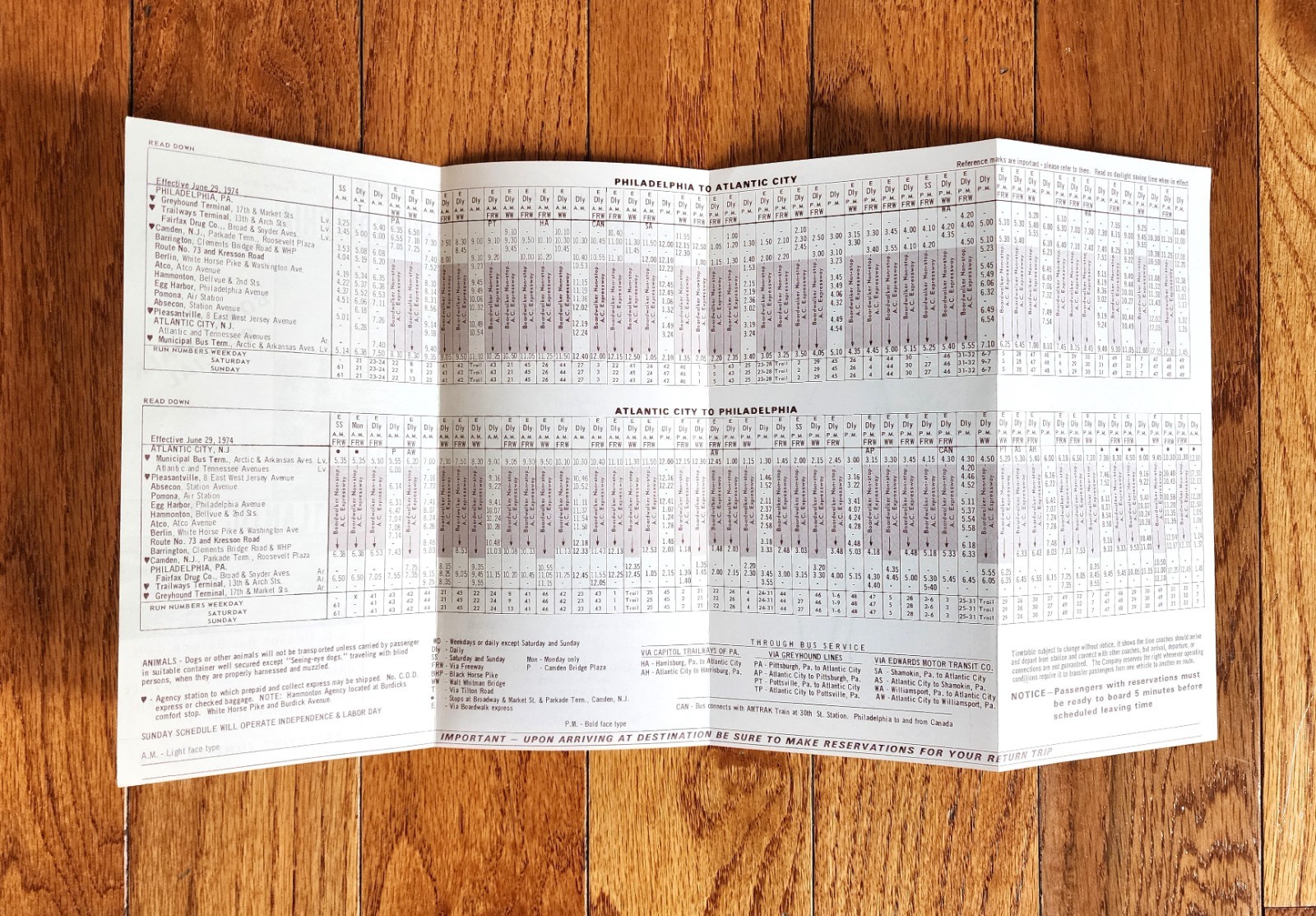 1974 TRANSPORT OF NEW JERSEY TNJ NJT BUS TIME TABLE BOARDWALK SPECIAL NJ