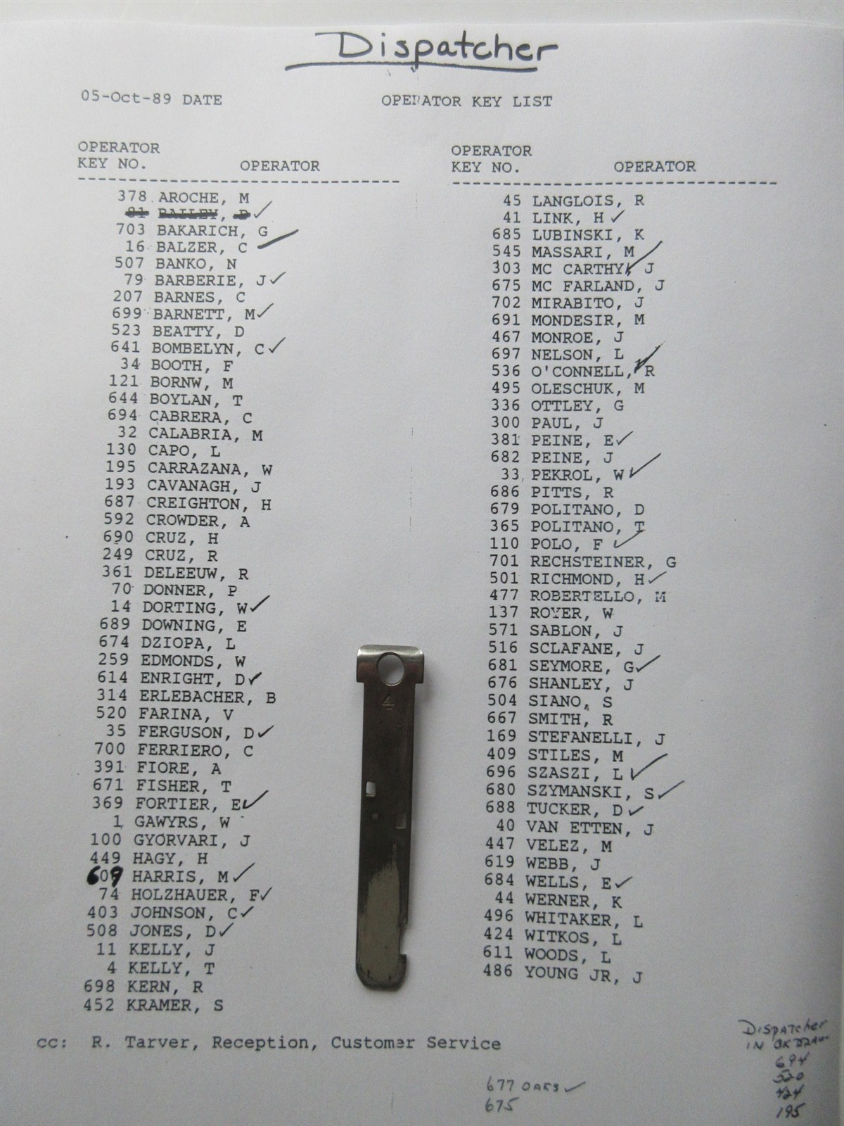 DeCamp Bus Lines Montclair NJ Register Key for Money Box Bus #4 Dispatcher list