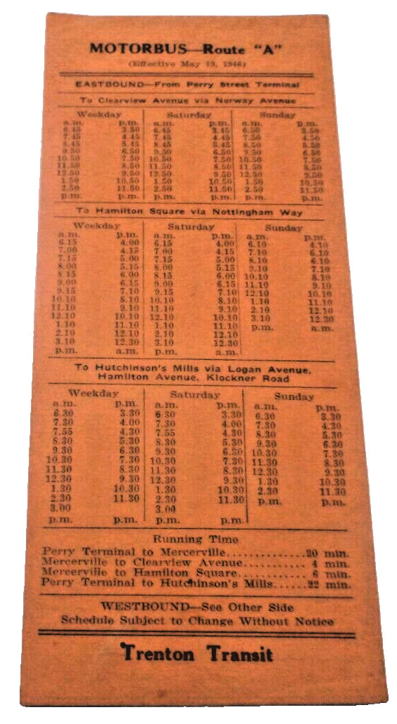 MAY 1946 TRENTON NEW JERSEY TRANSIT BUS SCHEDULE