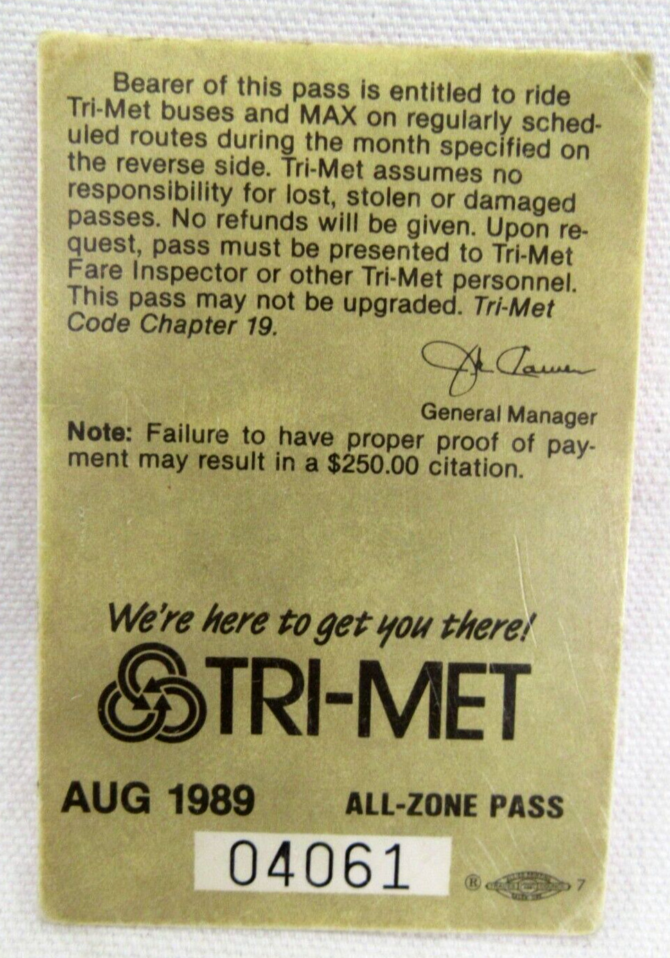 Vintage Tri-Met Bus & Max Light Rail Aug. 1989 Monthly Pass Portland Oregon OR