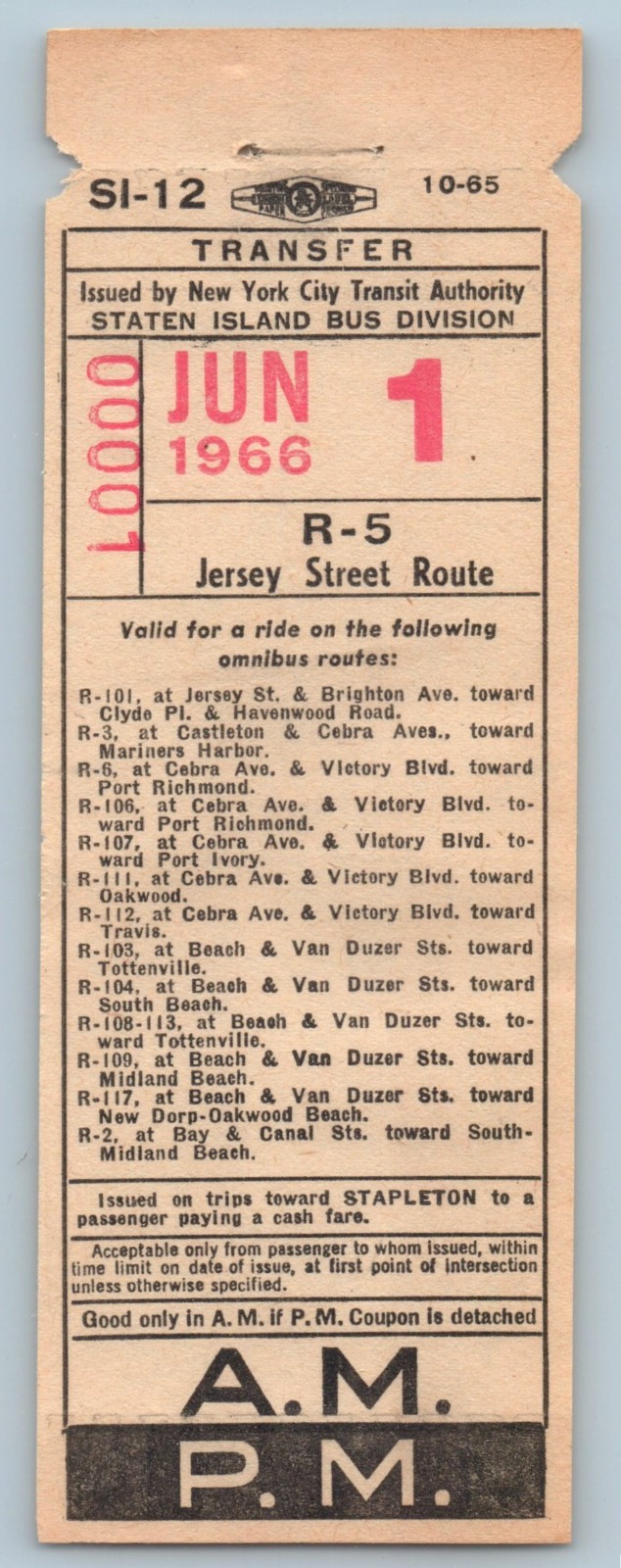 NYCTA Staten Island Bus Div Jun 1 1966 SI-12 Jersey Street Route Transfer #00001