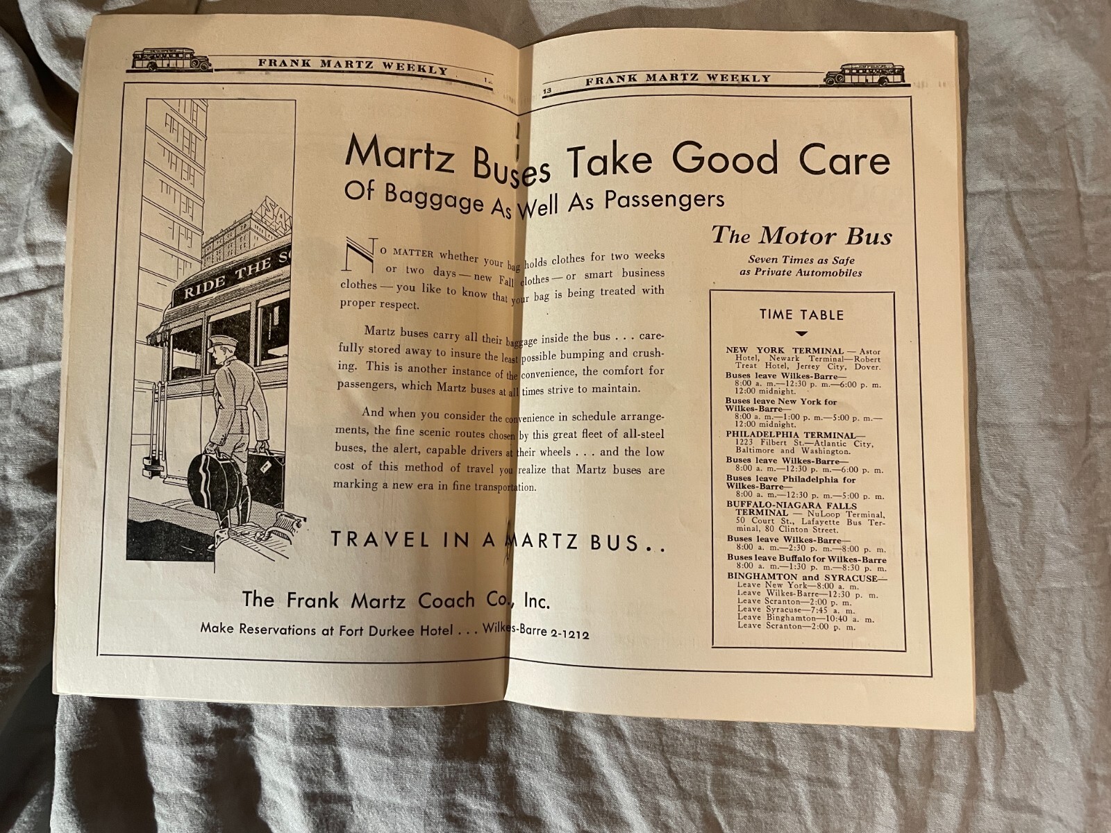 Frank Martz Coach Bus Weekly Timetable 1929 NYC New York City Wilkes Barre PA NY