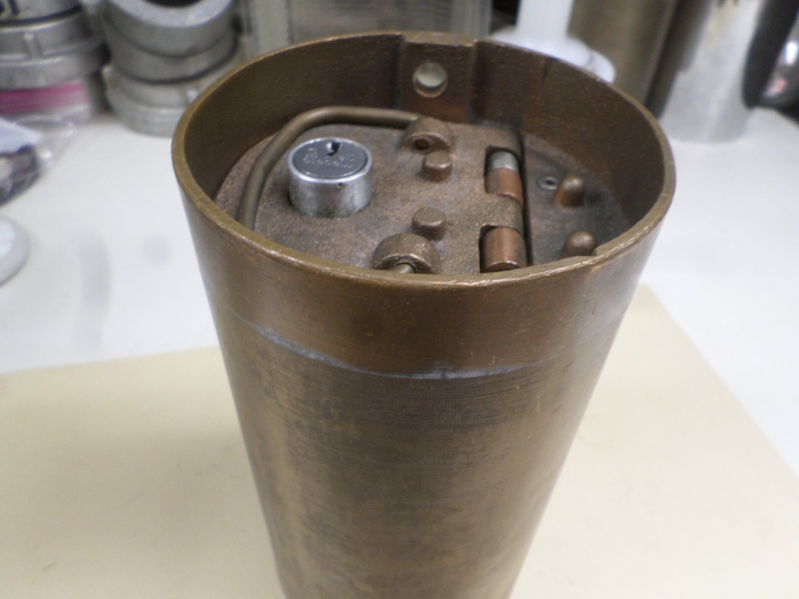 Vintage Diamond Mfg Brass Fare Box Money Vault Cylindrical 9″ X 4-3/4″ #04 DART
