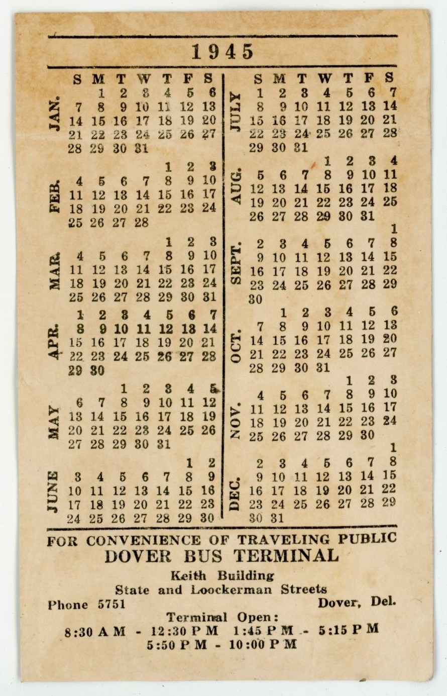 1945 Dover Bus Terminal Calendar & Train Schedule Bus Card P124