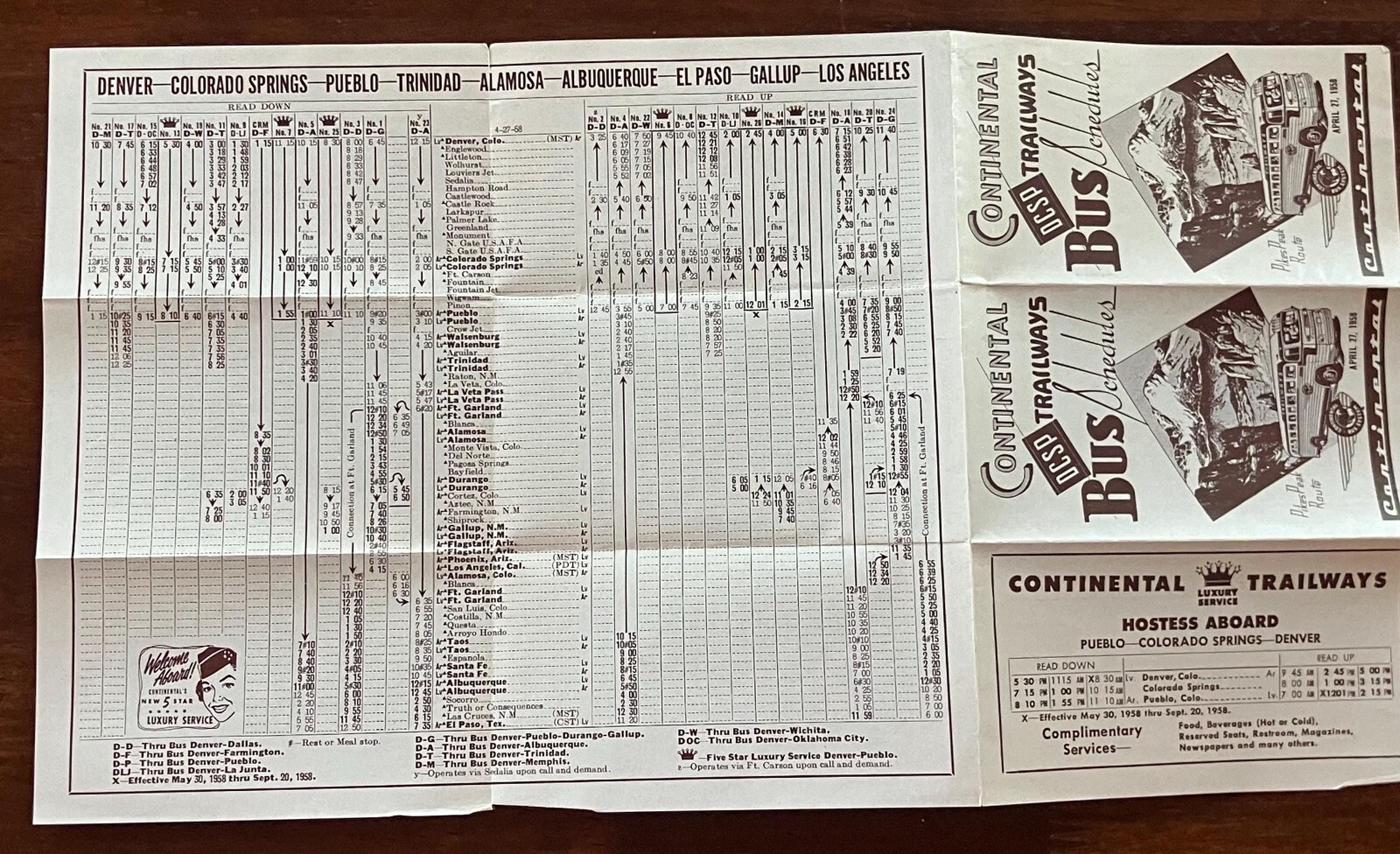 1958 Continental Trailways Bus Schedule Pueblo Colorado Springs Denver Transport