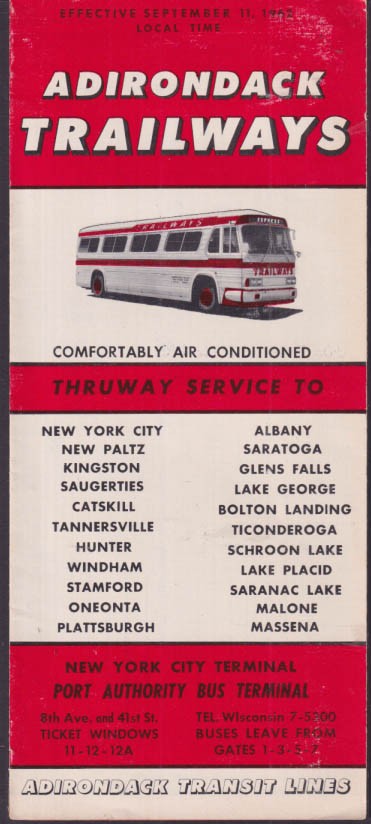 Adirondack Trailways Bus Schedule 9/11 1962 from Port Authority Terminal NYC