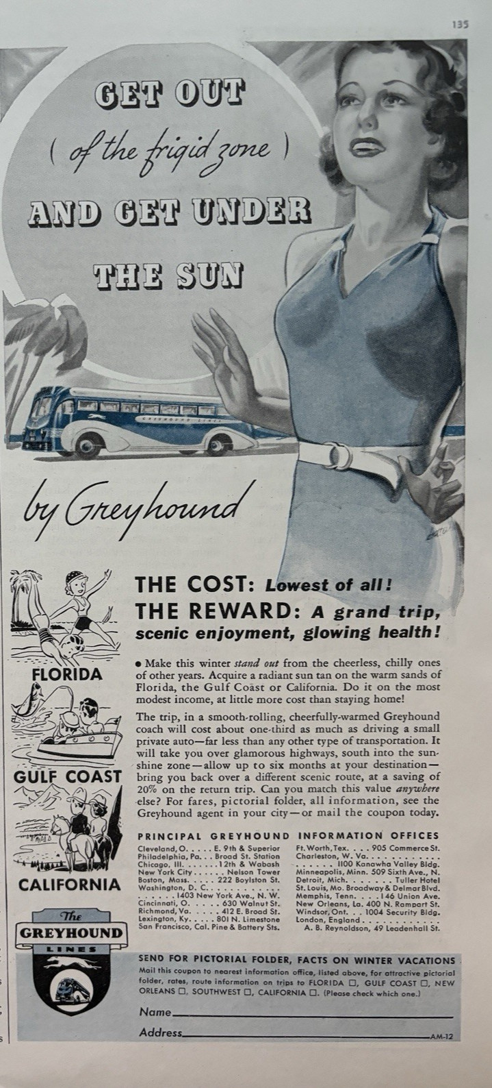 1932 Greyhound Bus Travel Sun Gulf coast California Highways Vintage Print Ad