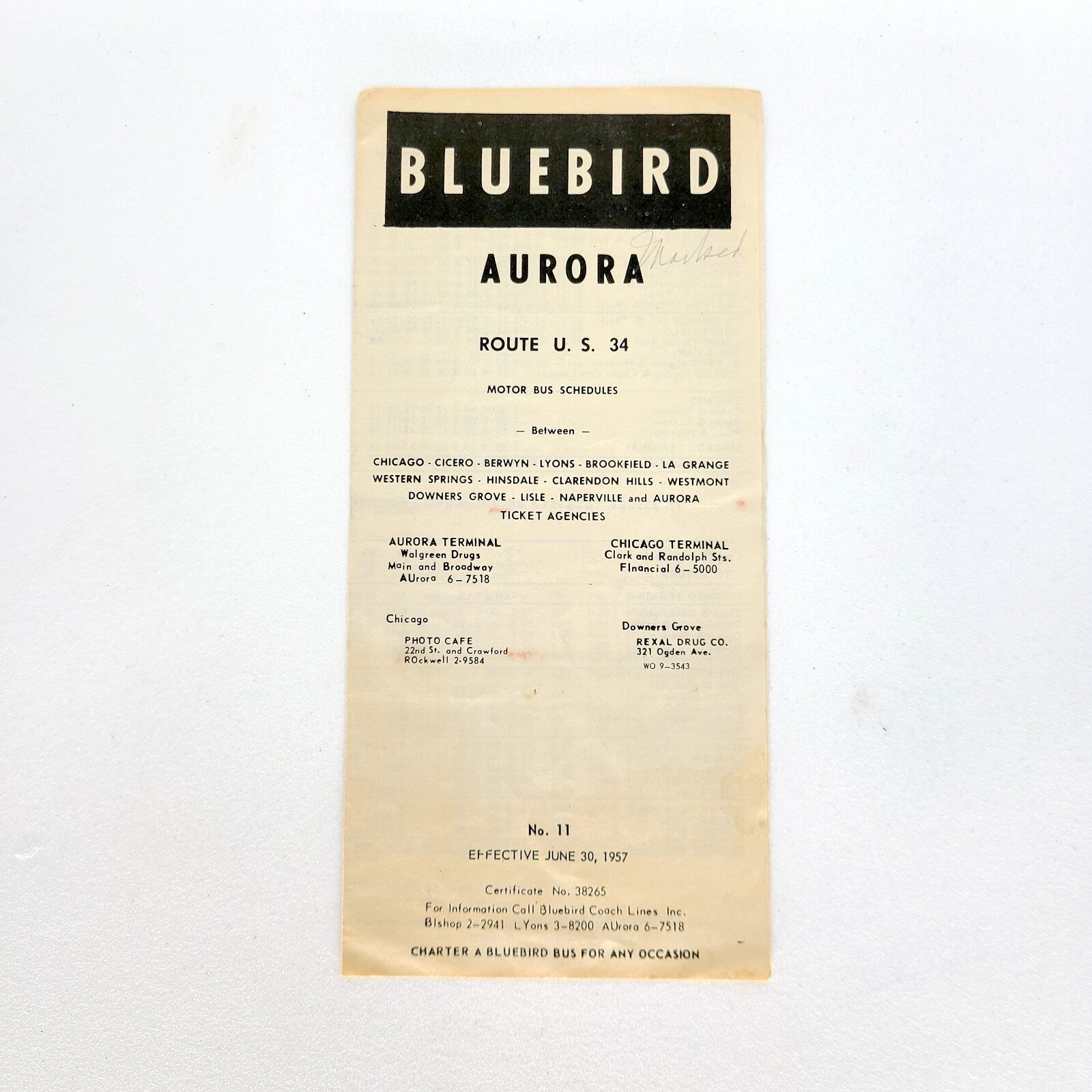 1957 Bluebird Motor Bus Timetable Schedule Brochure Aurora Chicago Illinois