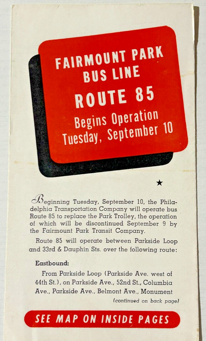 Vintage Fairmount Park Bus Line Route 85 Schedule Timetable PTC Philadelphia