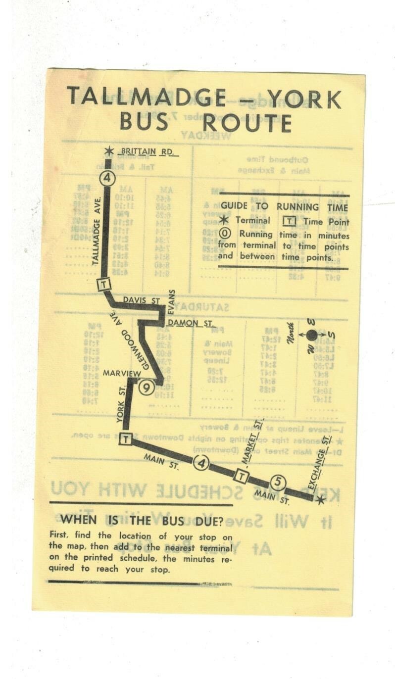 1964 Talmadge-York Akron Ohio Bus Schedule & Map