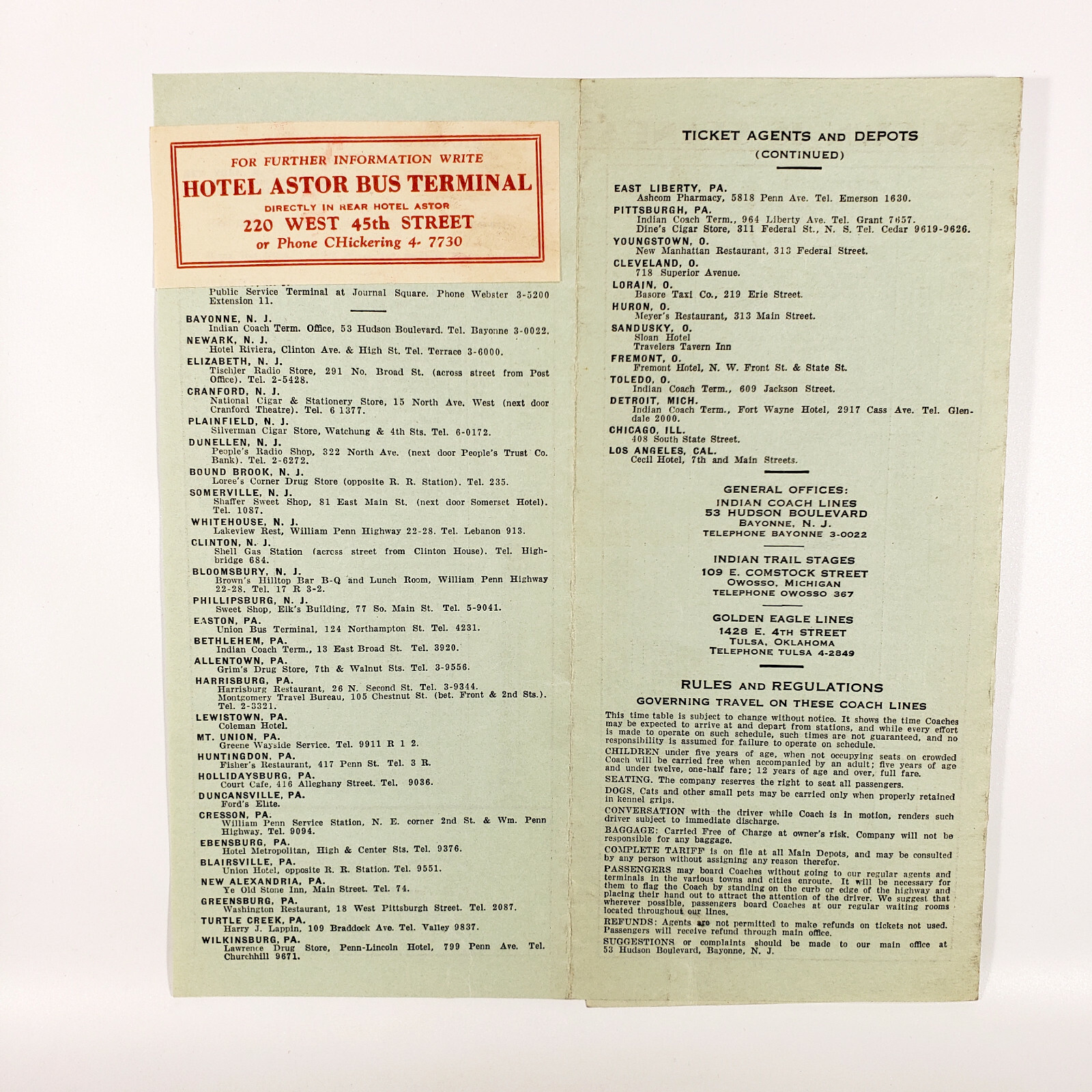 1932 Indian Coach Lines Bus Brochure Time Table Transcontinental Motor Tour