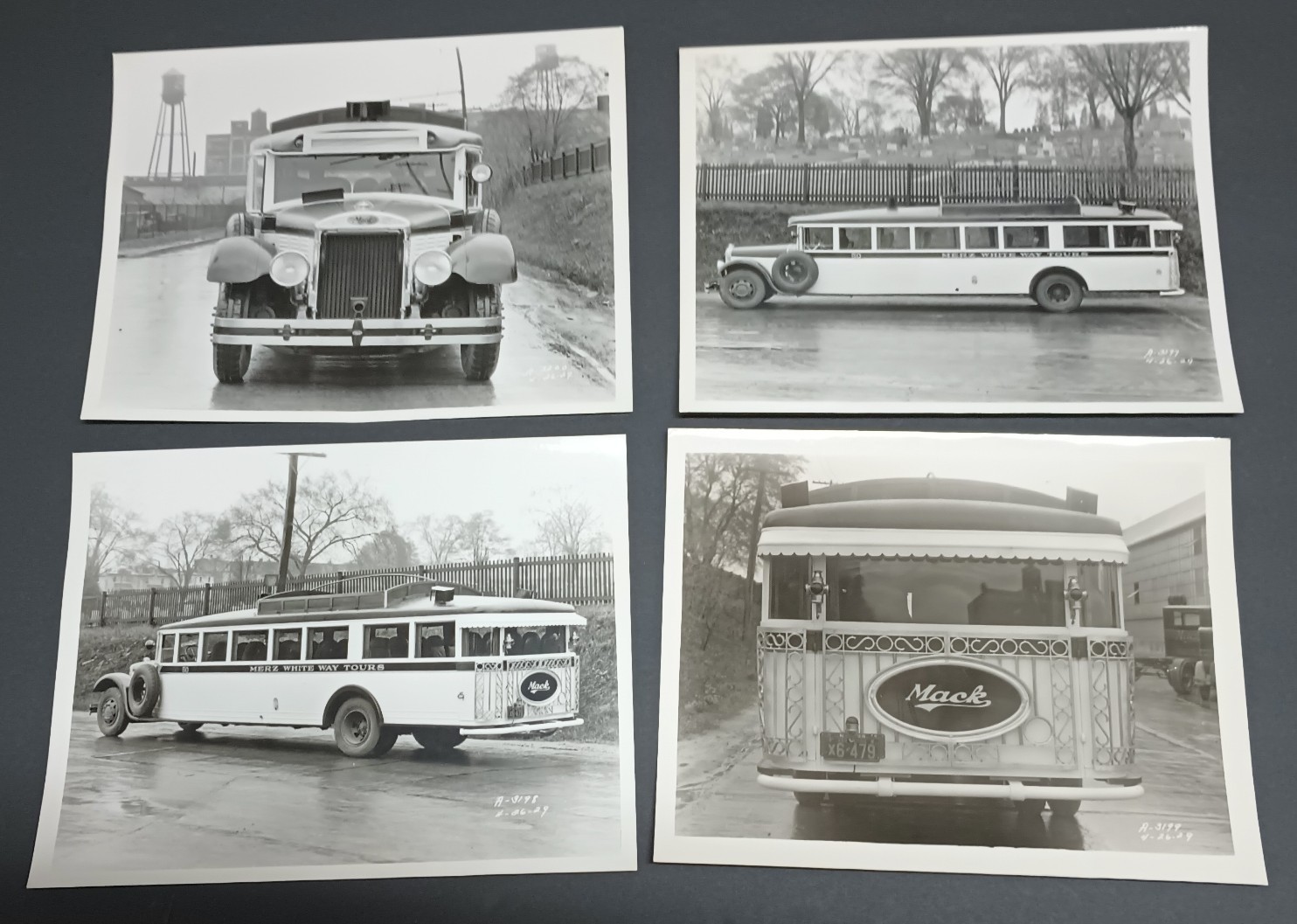 (4) 1929 8x10s Mack BK Bus MERZ WHITE WAY TOURS Phila. @ Allentown PA Plant