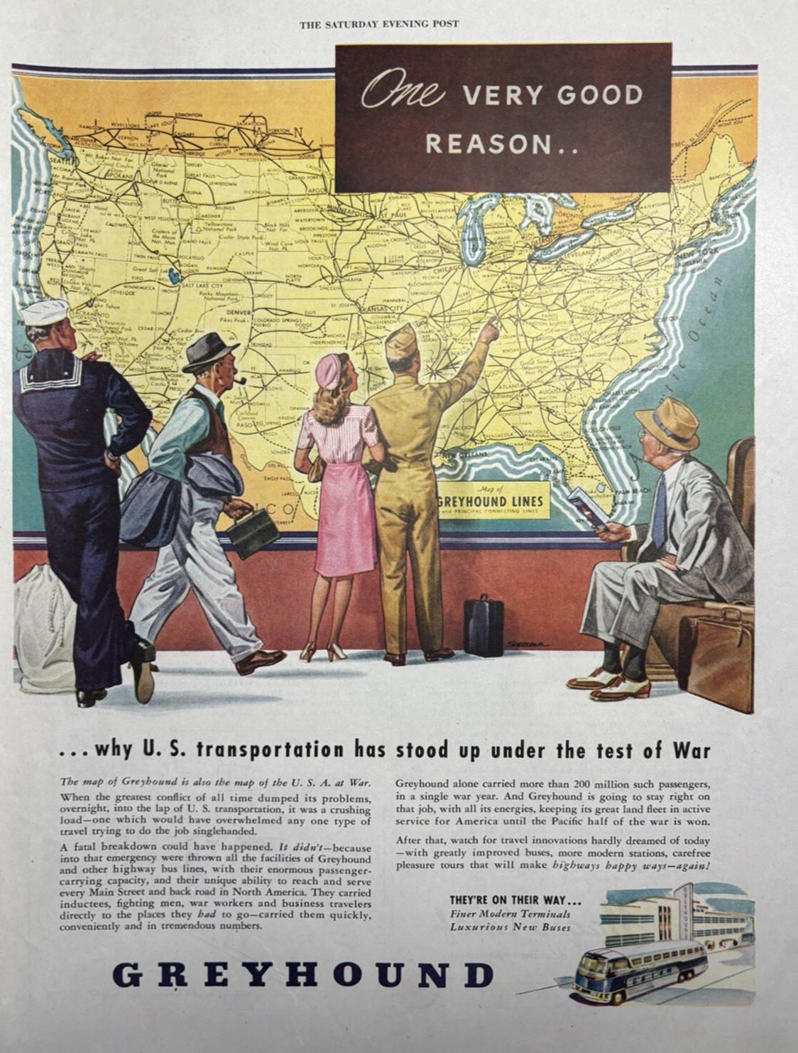 1945 Greyhound bus Lines Travel Transportation Test War Map Vintage Print Ad