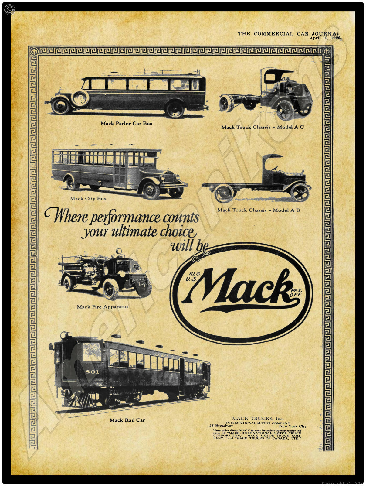 1926 Mack Trucks & Buses New Metal Sign: Parlor Car Bus, City Bus AB, AC, Rail