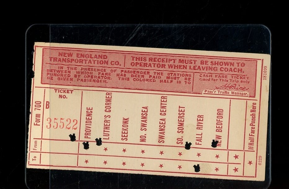 1934 New England Transportation Company Bus Ticket- Providence to New Bedford