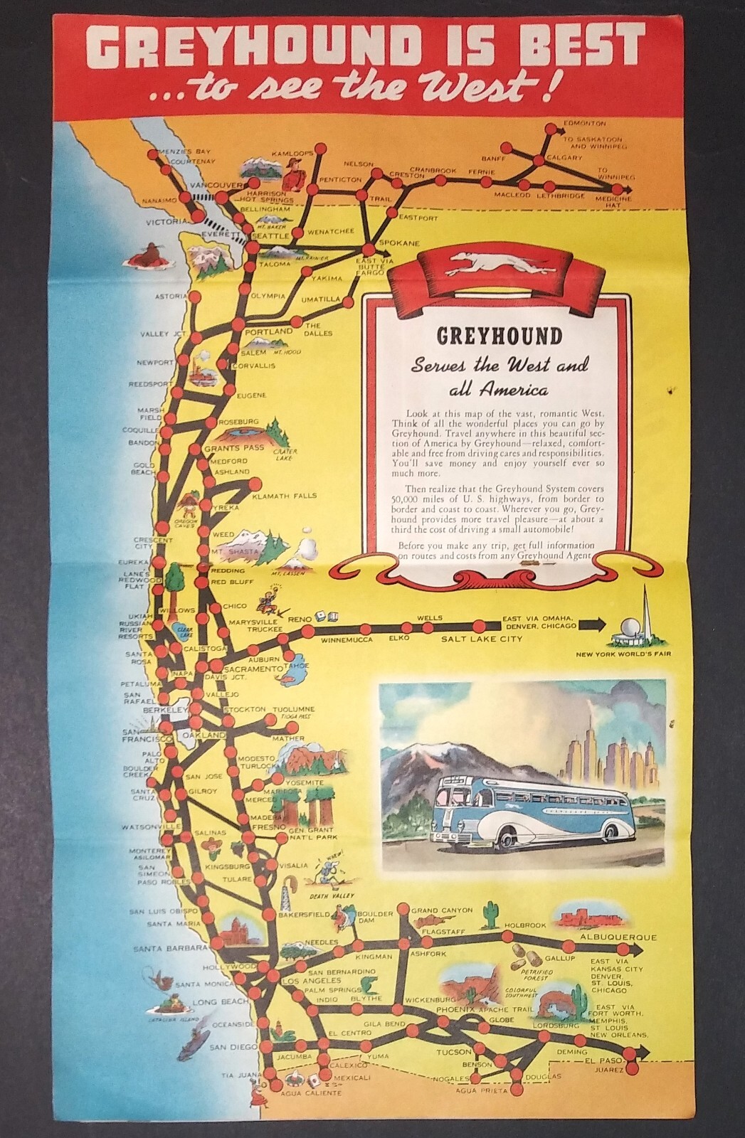 GREYHOUND BUS travel advertising brochure SEE CALIFORNIA & WEST 1939 cartoon map
