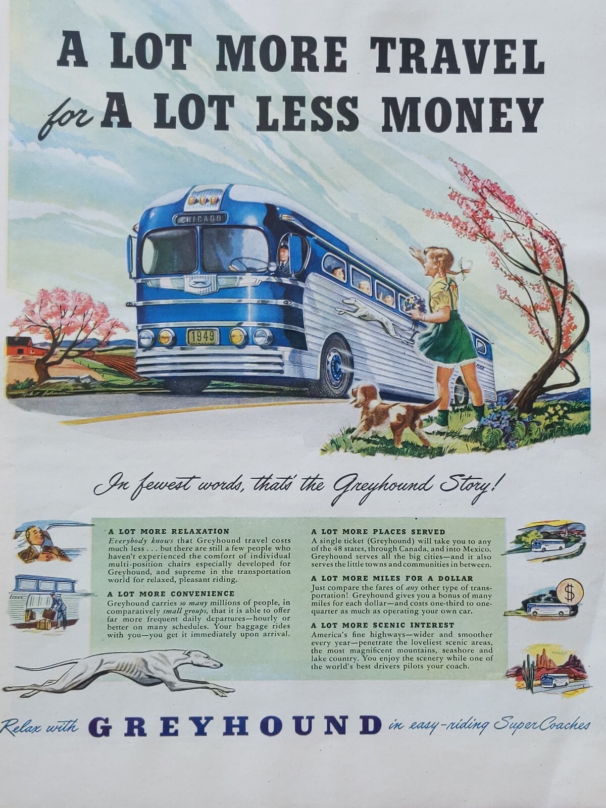 1949 vintage Greyhound original print ad. A lot more travel for a lot less money