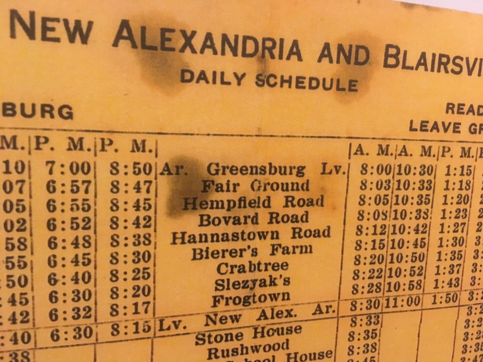 1920 Greensburg New Alexandria Blairsville Bus Schedule Crabtree Hannastown Fair
