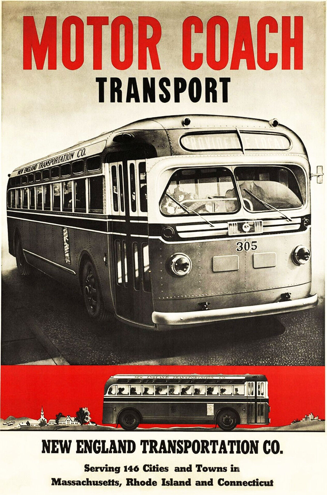 Motor Coach Transport Bus Ad Poster New England 1940s 11 x 14 Poster