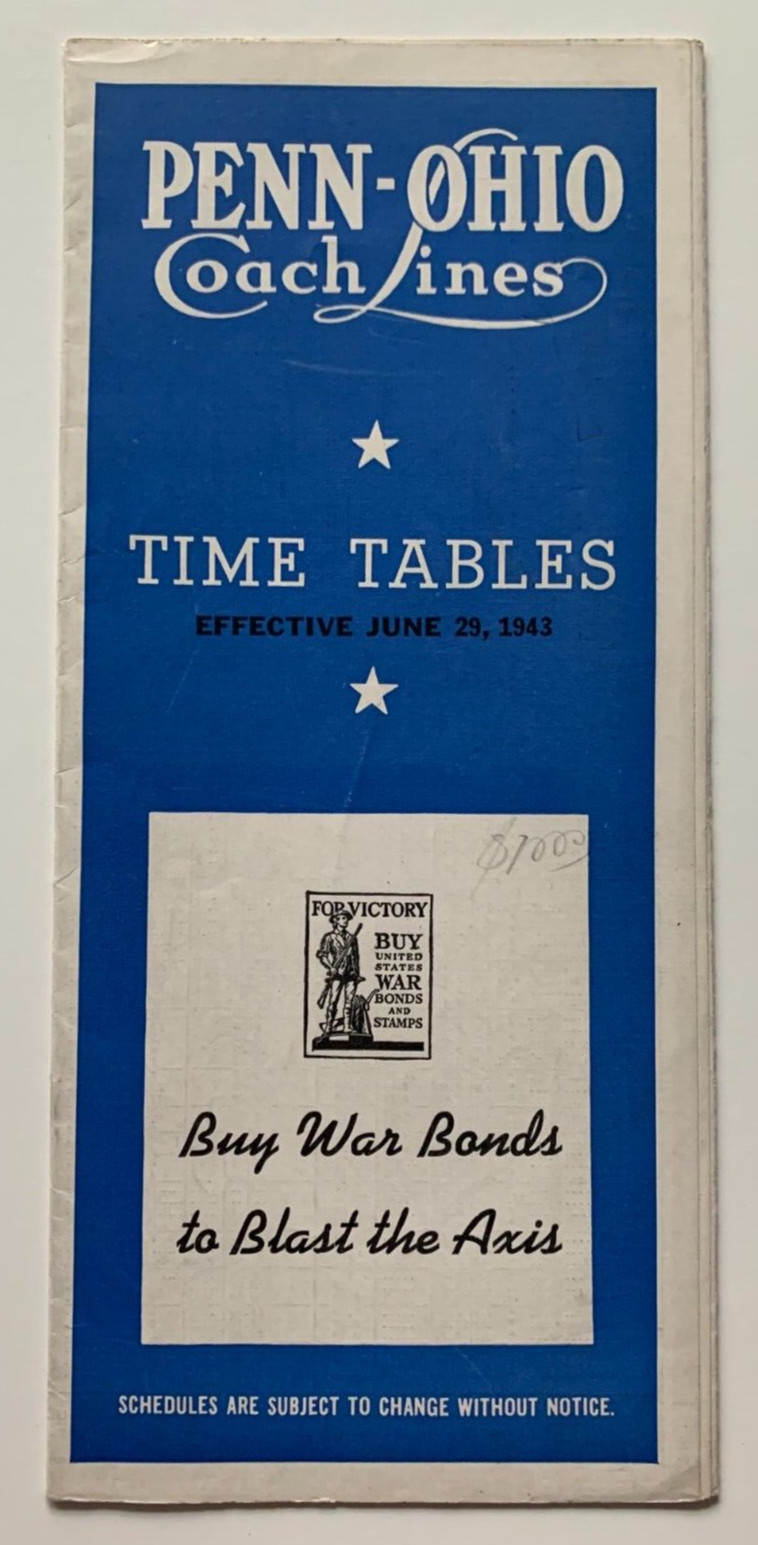 Vintage 1943 Penn-Ohio Coach Lines Timetable Brochure Bus Motor Pennsylvania WW2