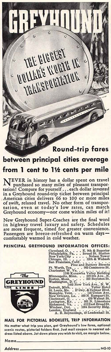 1936 Greyhound: The Biggest Dollar’s Worth in Trans Vintage Print Ad